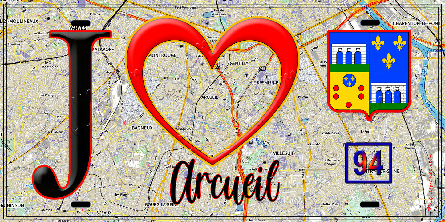 Plaque métal décorative  J' ❤️Arcueil, Val de Marne (94) fond carte