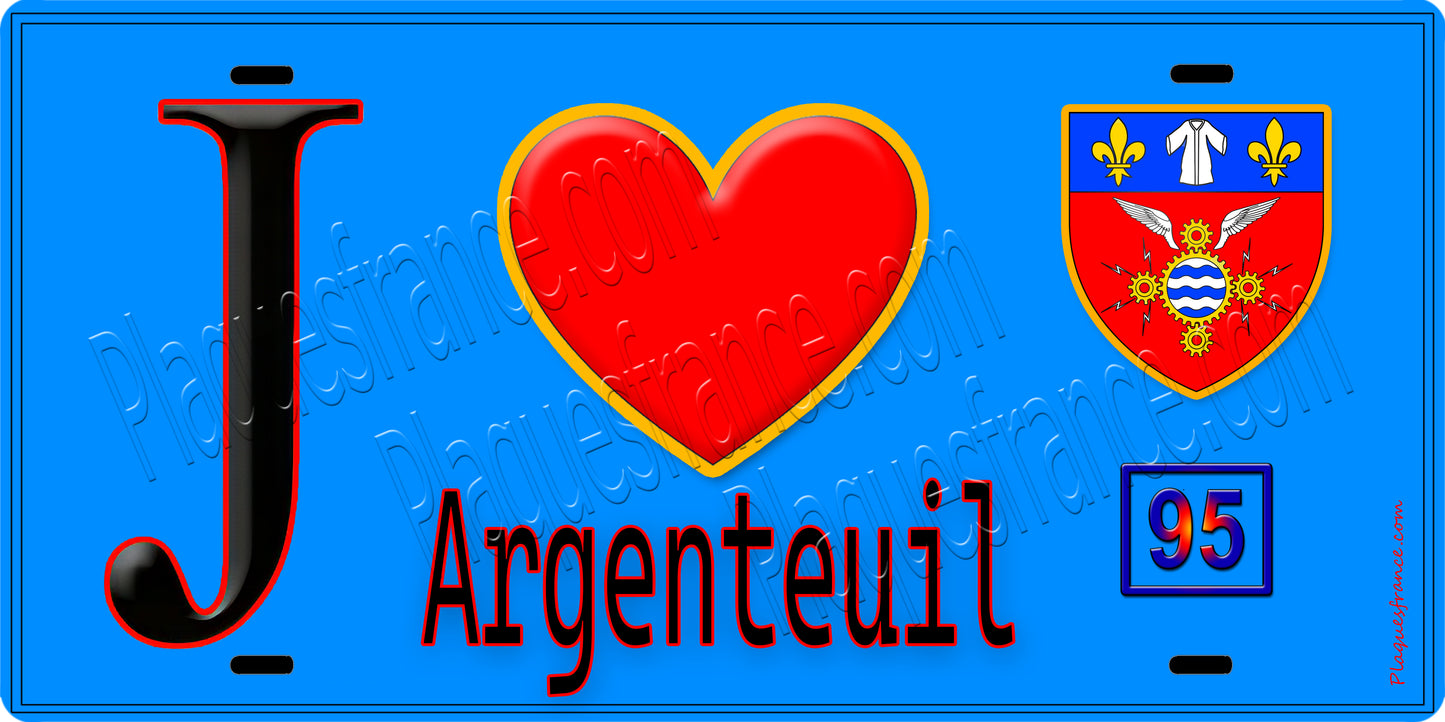 Plaque métal décorative  J' ❤️Argenteuil, Val d'Oise (95) fond bleu