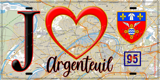 Plaque métal décorative  J' ❤️Argenteuil, Val d'Oise (95) fond carte