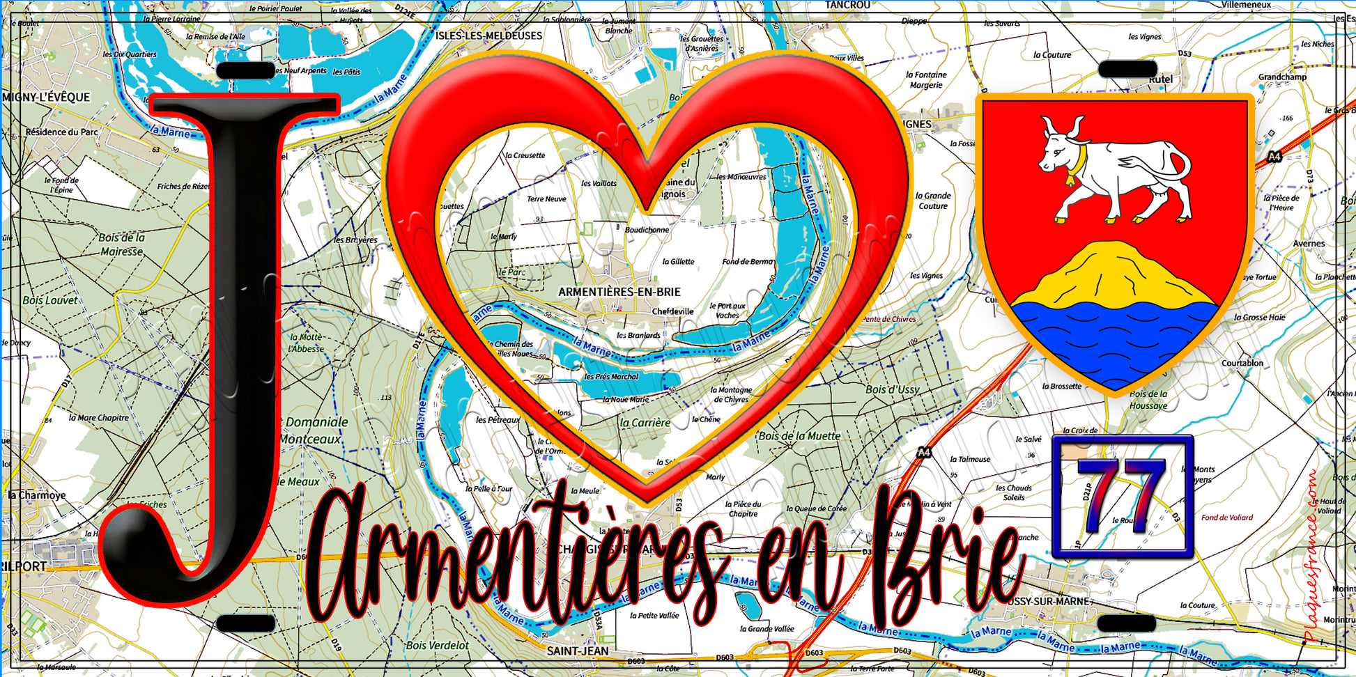 Plaque métal décorative  J' ❤️Armentières-en-Brie, Seine et Mrne (77) fond carte