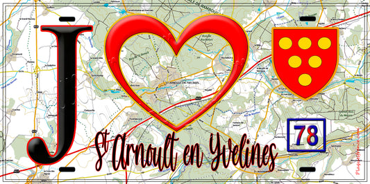 Plaque métal décorative  J' ❤️ Saint-Arnoult-en-Yvelines, Yvelines (78) fond carte
