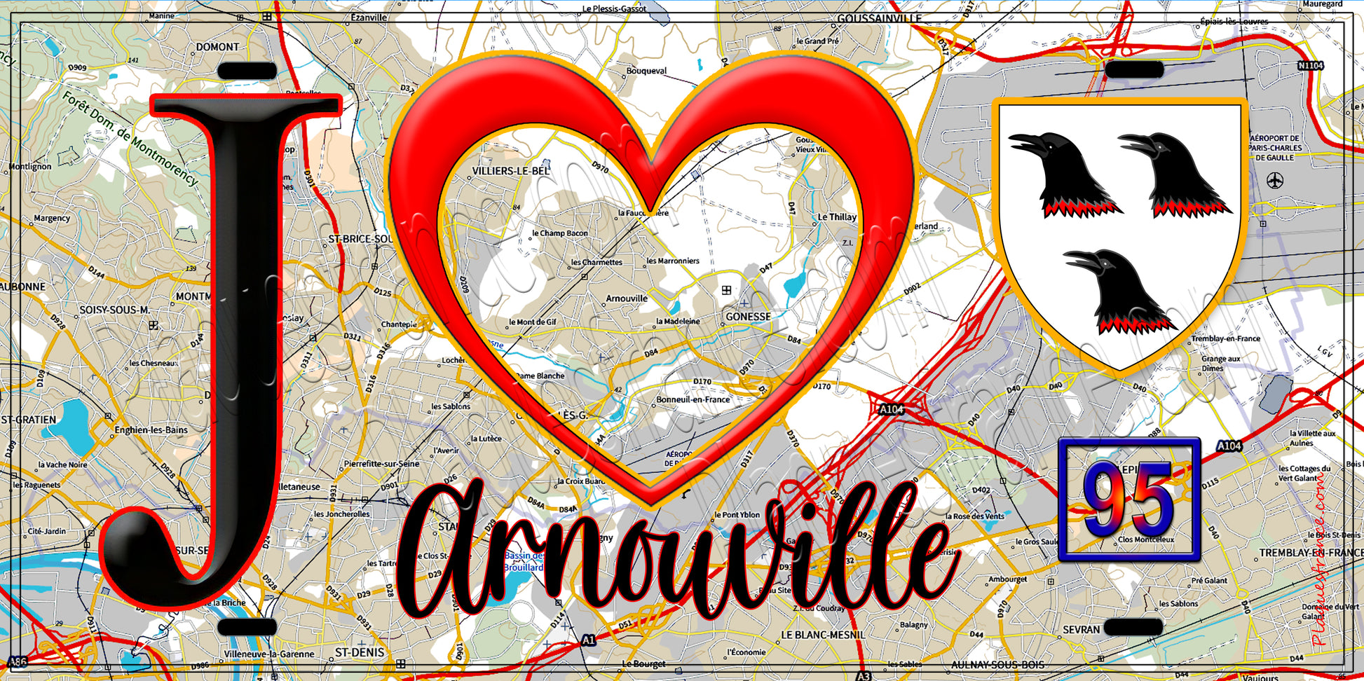Plaque métal décorative  J' ❤️Arnouville, Val d'Oise (95) fond carte