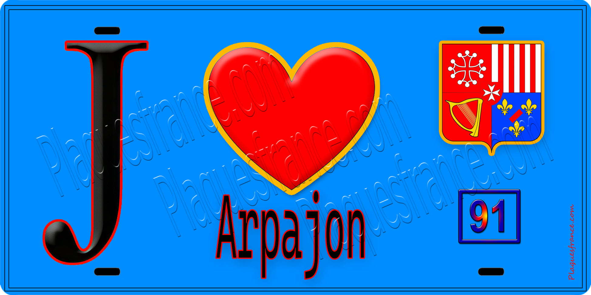 Plaque métal décorative  J' ❤️Arpajon, Essonne (91) fond bleu