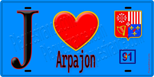 Plaque métal décorative  J' ❤️Arpajon, Essonne (91) fond bleu