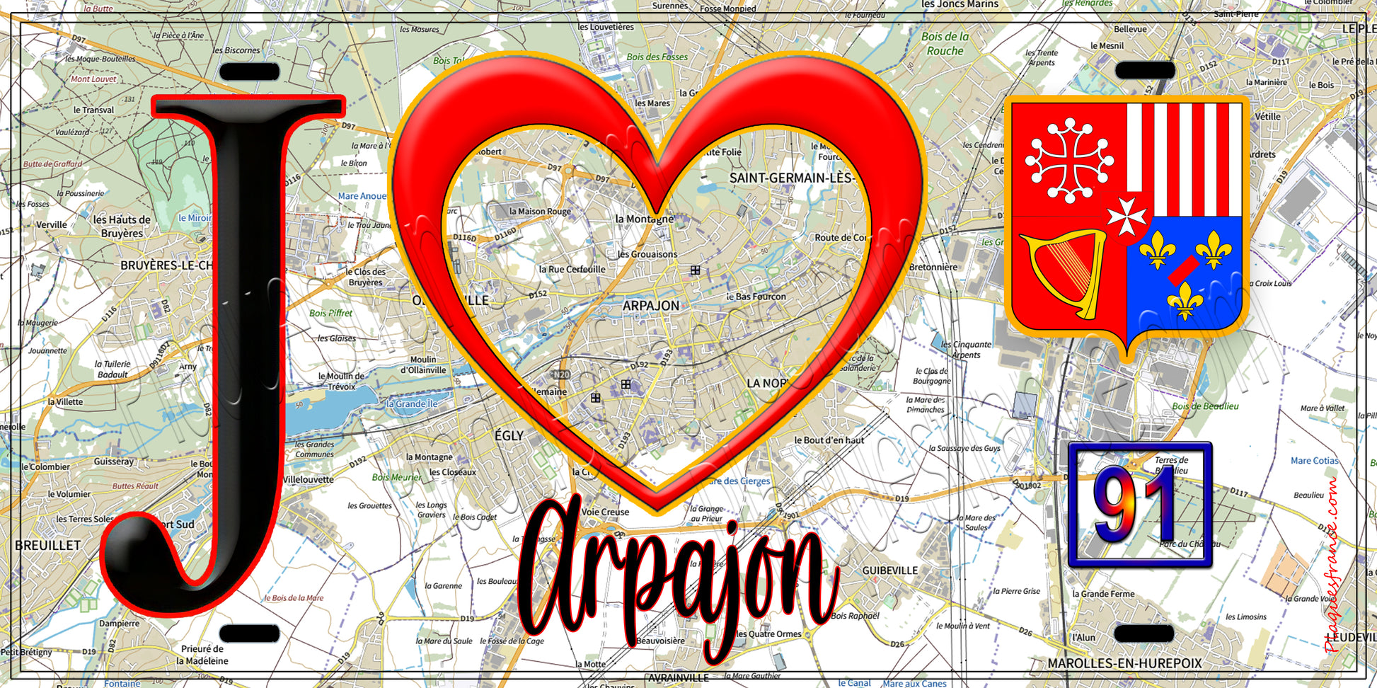 Plaque métal décorative  J' ❤️Arpajon, Essonne (91) carte