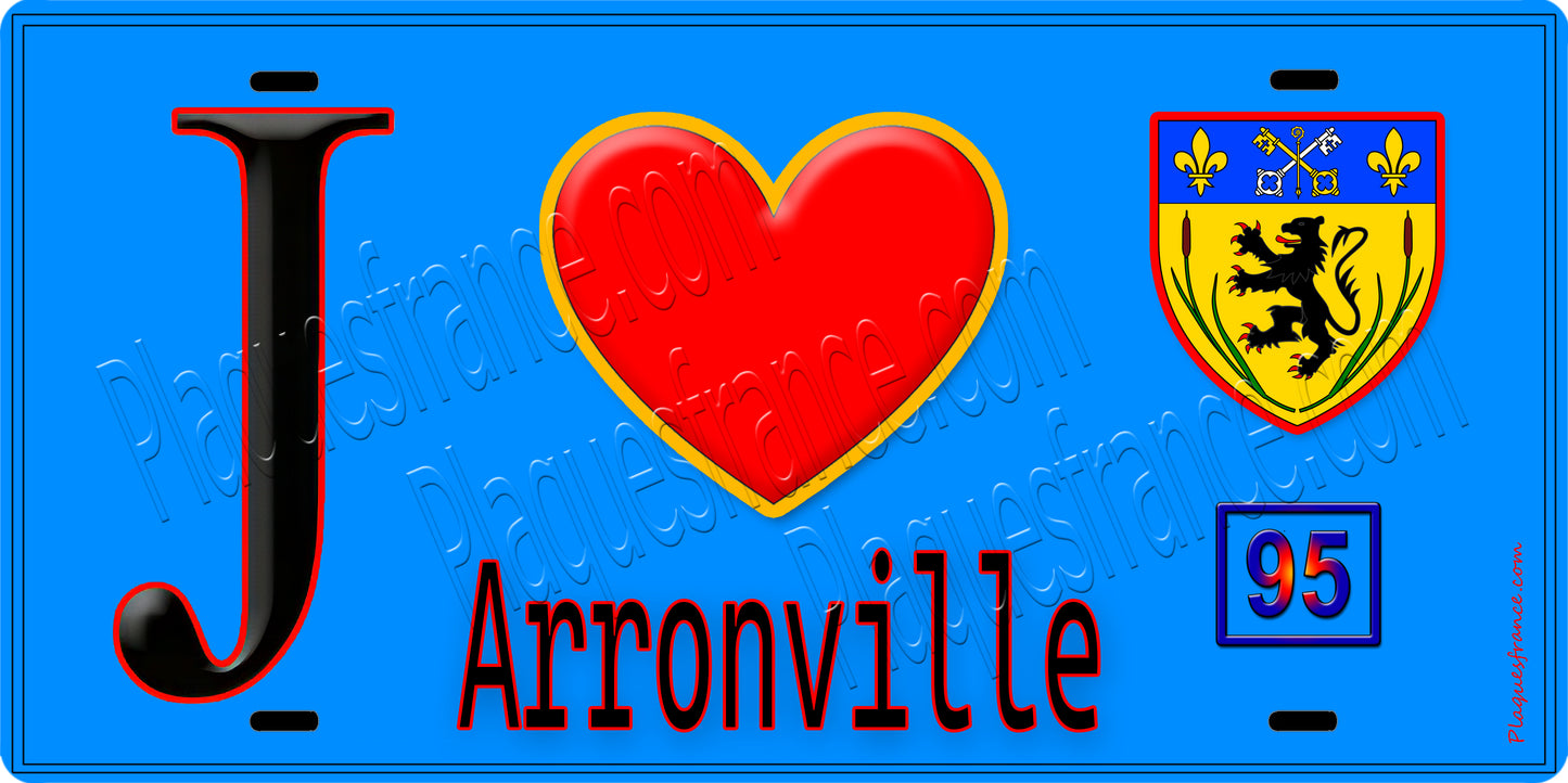 Plaque métal décorative  J' ❤️Arronville, Val d'Oise (95) fond bleu