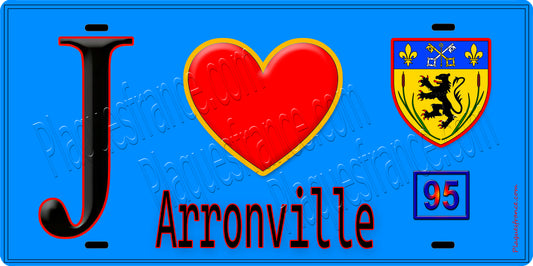 Plaque métal décorative  J' ❤️Arronville, Val d'Oise (95) fond bleu