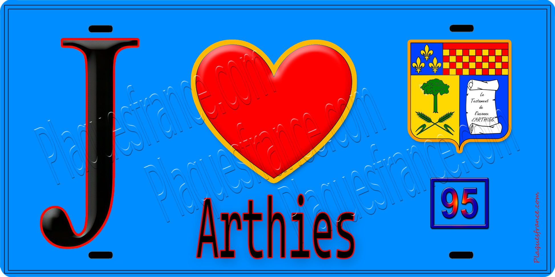 Plaque métal décorative  J' ❤️Arthies, Val d'Oise (95) fond bleu