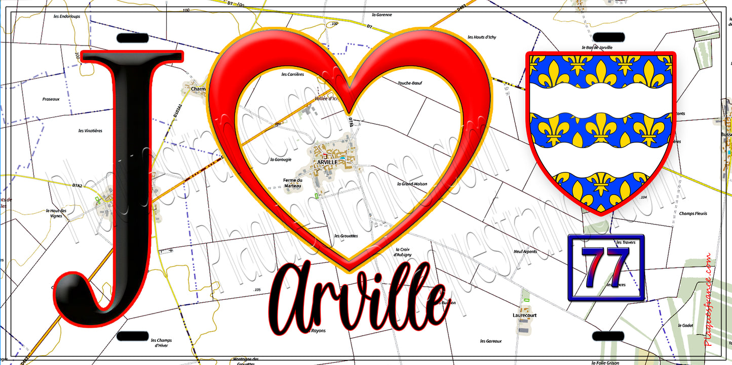 Plaque métal décorative  J' ❤️Arville, Seine et Mrne (77) fond carte