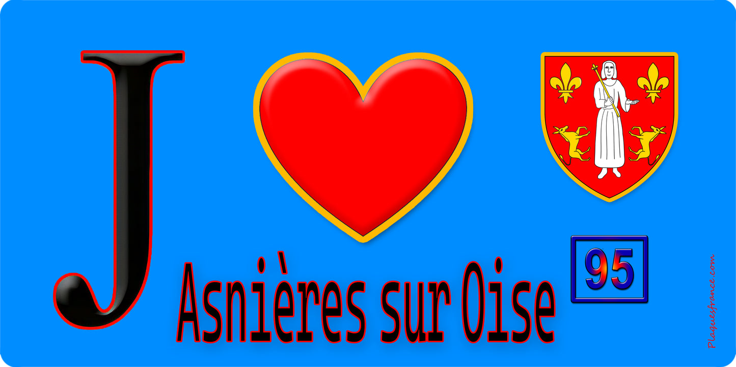 Plaque métal décorative  J' ❤️Asnières-sur-Oise, Val d'Oise (95) fond bleu