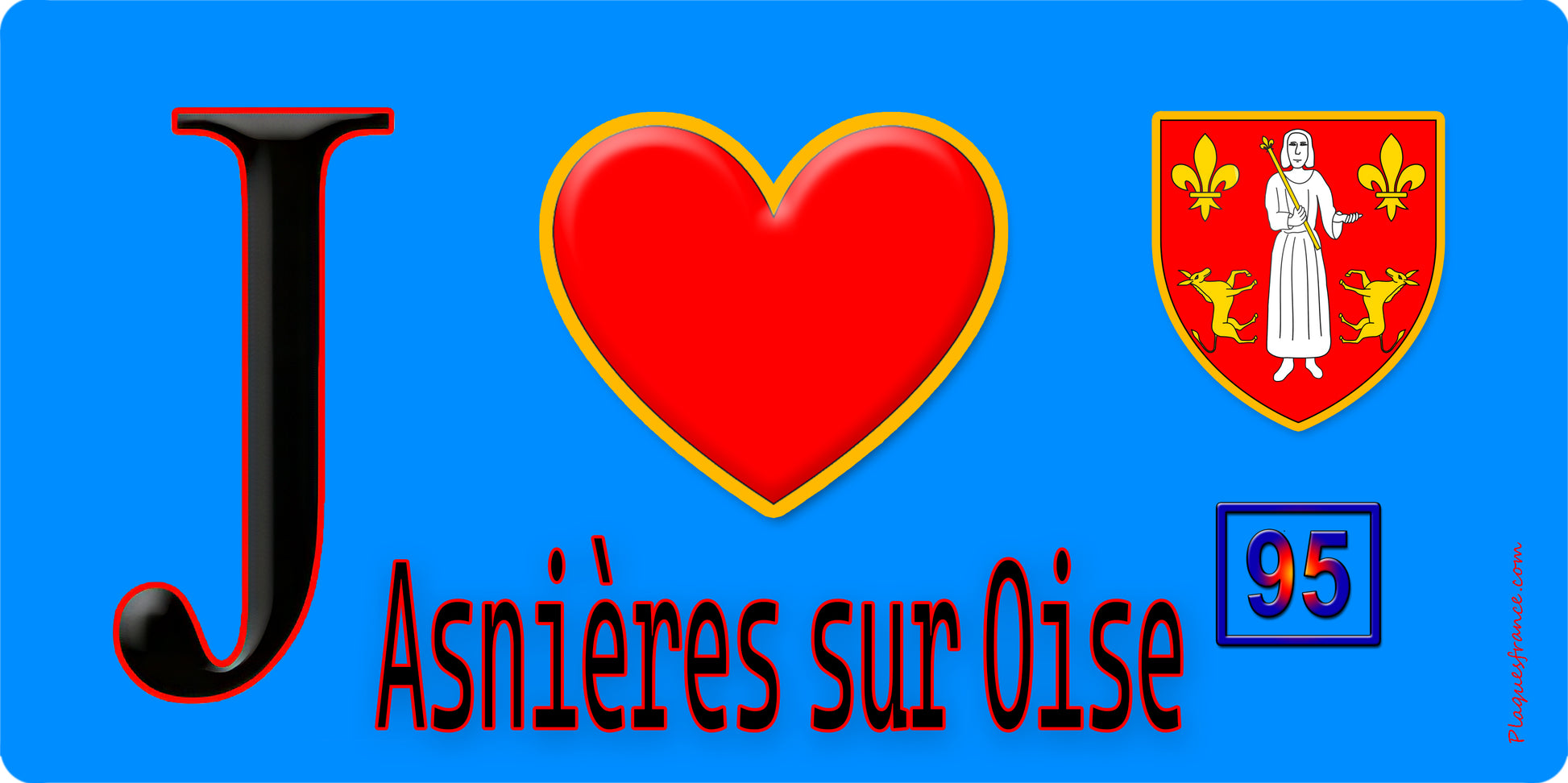 Plaque métal décorative  J' ❤️Asnières-sur-Oise, Val d'Oise (95) fond bleu