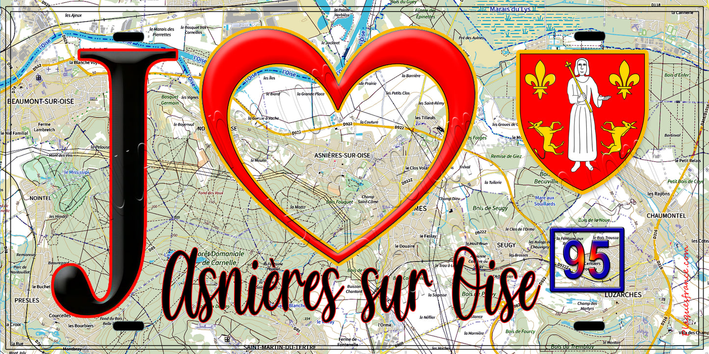 Plaque métal décorative  J' ❤️Asnières-sur-Oise, Val d'Oise (95) fond carte