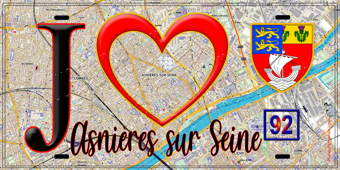 Plaque métal décorative  J' ❤️ Asnières-sur-Seine, Hauts de Seine (92) fond carte