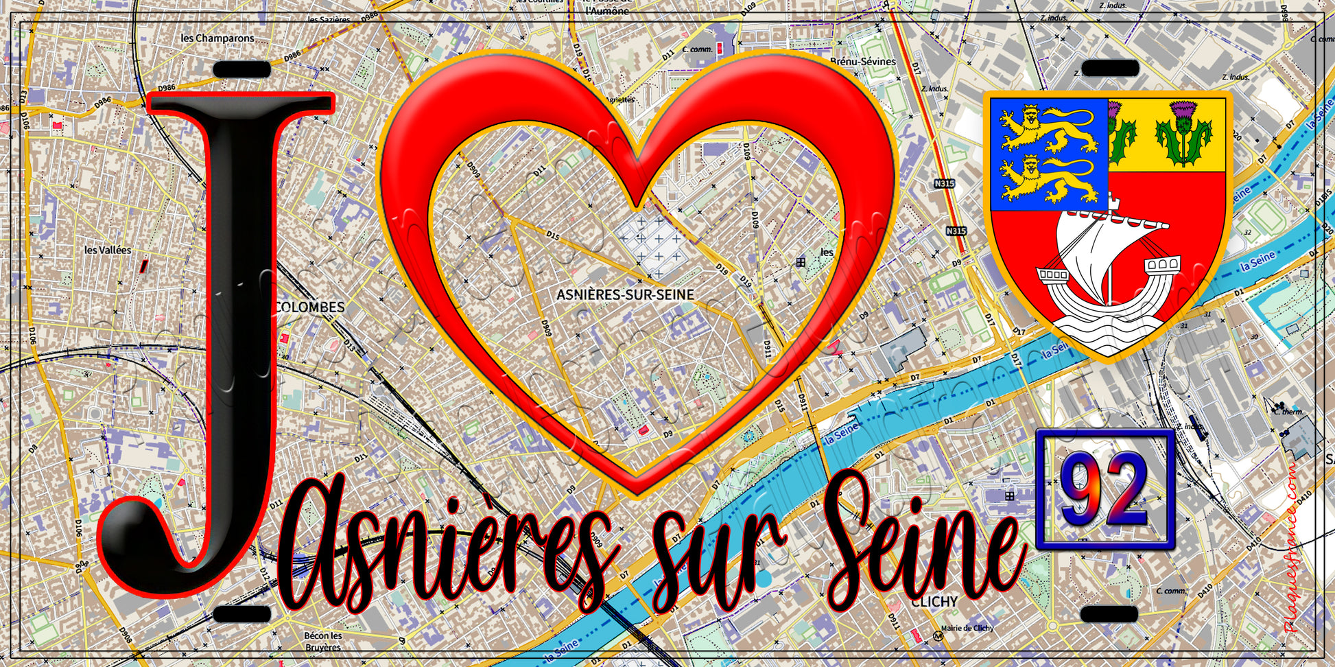 Plaque métal décorative  J' ❤️ Asnières-sur-Seine, Hauts de Seine (92) fond carte