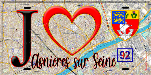 Plaque métal décorative  J' ❤️ Asnières-sur-Seine, Hauts de Seine (92) fond carte