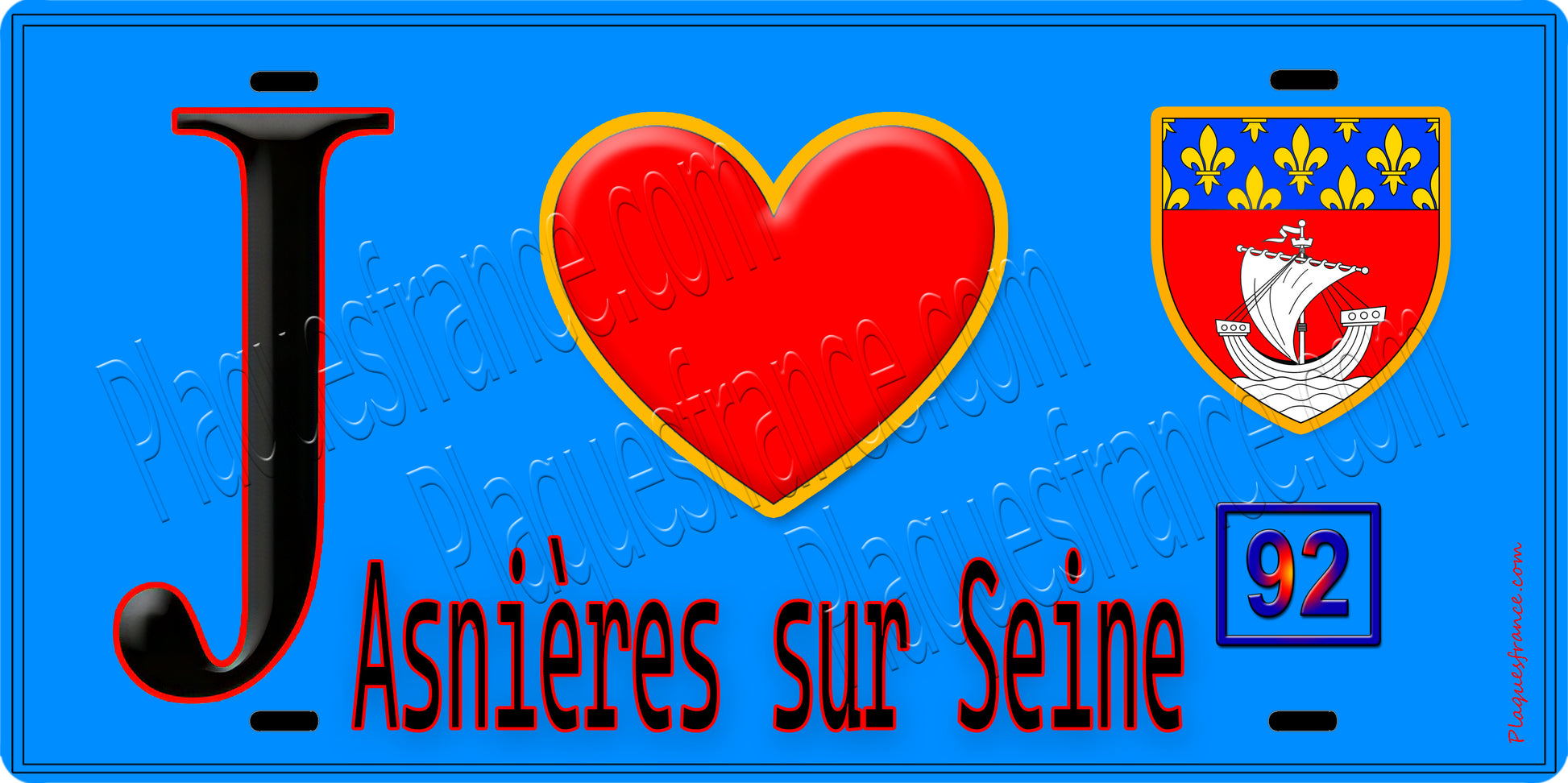 Plaque métal décorative  J' ❤️ Asnières-sur-Seine, Hauts de Seine (92) fond bleu