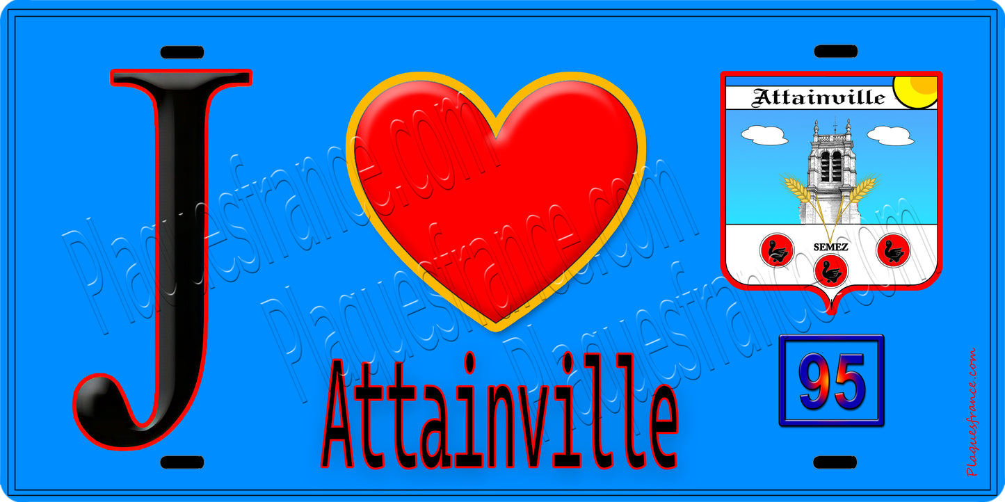 Plaque métal décorative  J' ❤️Attainville, Val d'Oise (95) fond bleu