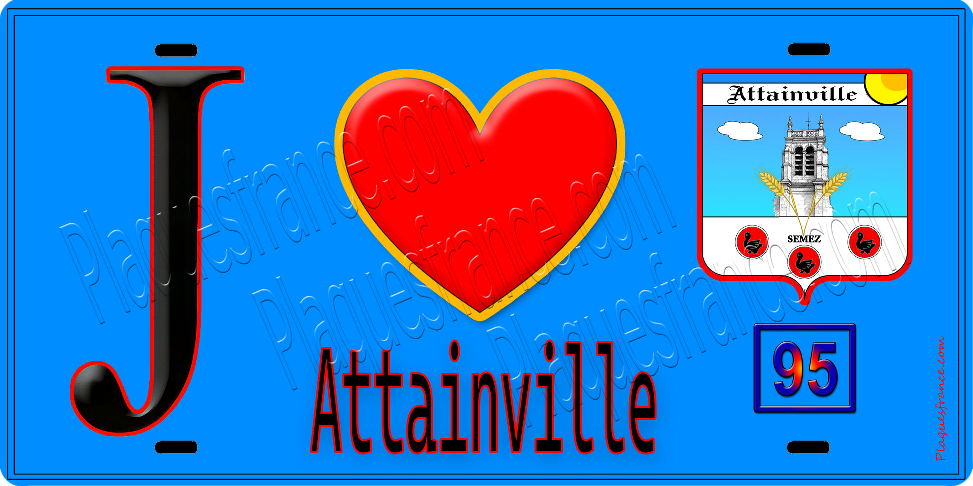 Plaque métal décorative  J' ❤️Attainville, Val d'Oise (95) fond bleu