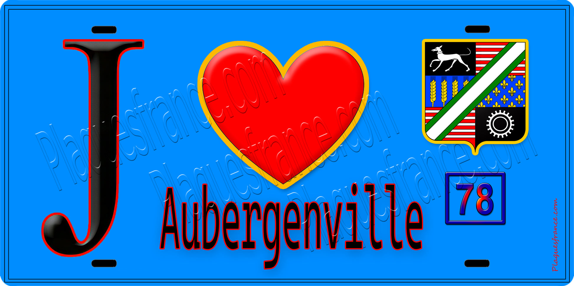 Plaque métal décorative  J' ❤️ Aubergenville, Yvelines (78) fond beu
