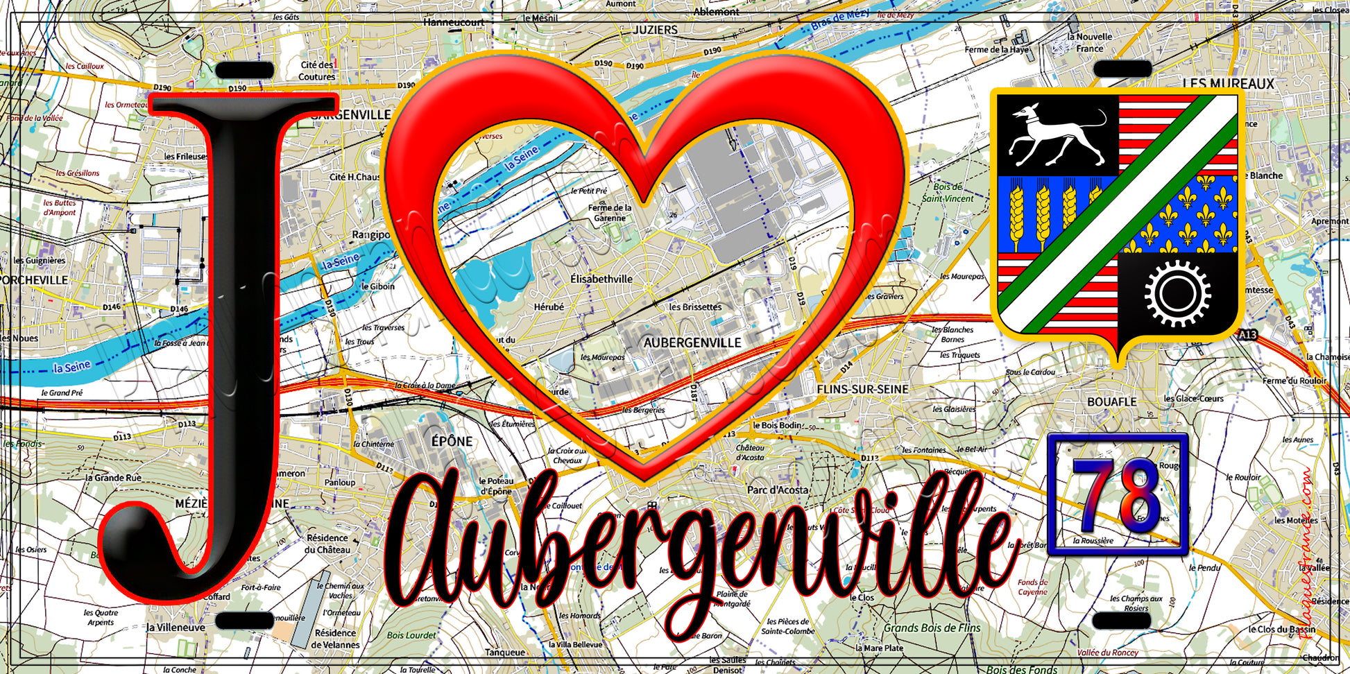 Plaque métal décorative  J' ❤️ Aubergenville, Yvelines (78) fond carte