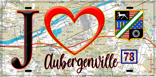 Plaque métal décorative  J' ❤️ Aubergenville, Yvelines (78) fond carte