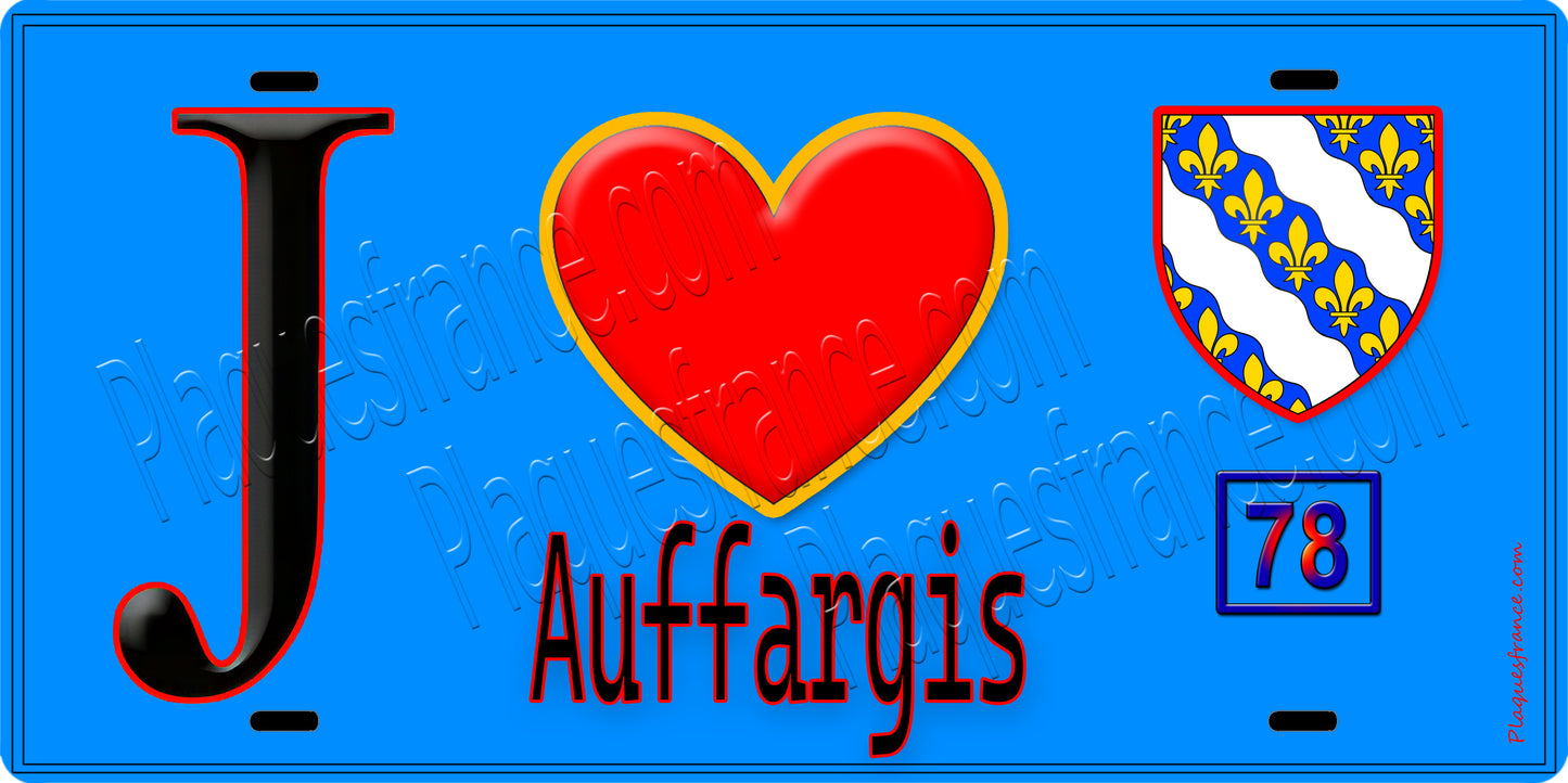 Plaque métal décorative  J' ❤️ Auffargis, Yvelines (78) fond bleu