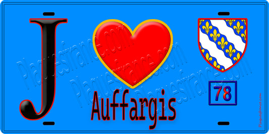 Plaque métal décorative  J' ❤️ Auffargis, Yvelines (78) fond bleu