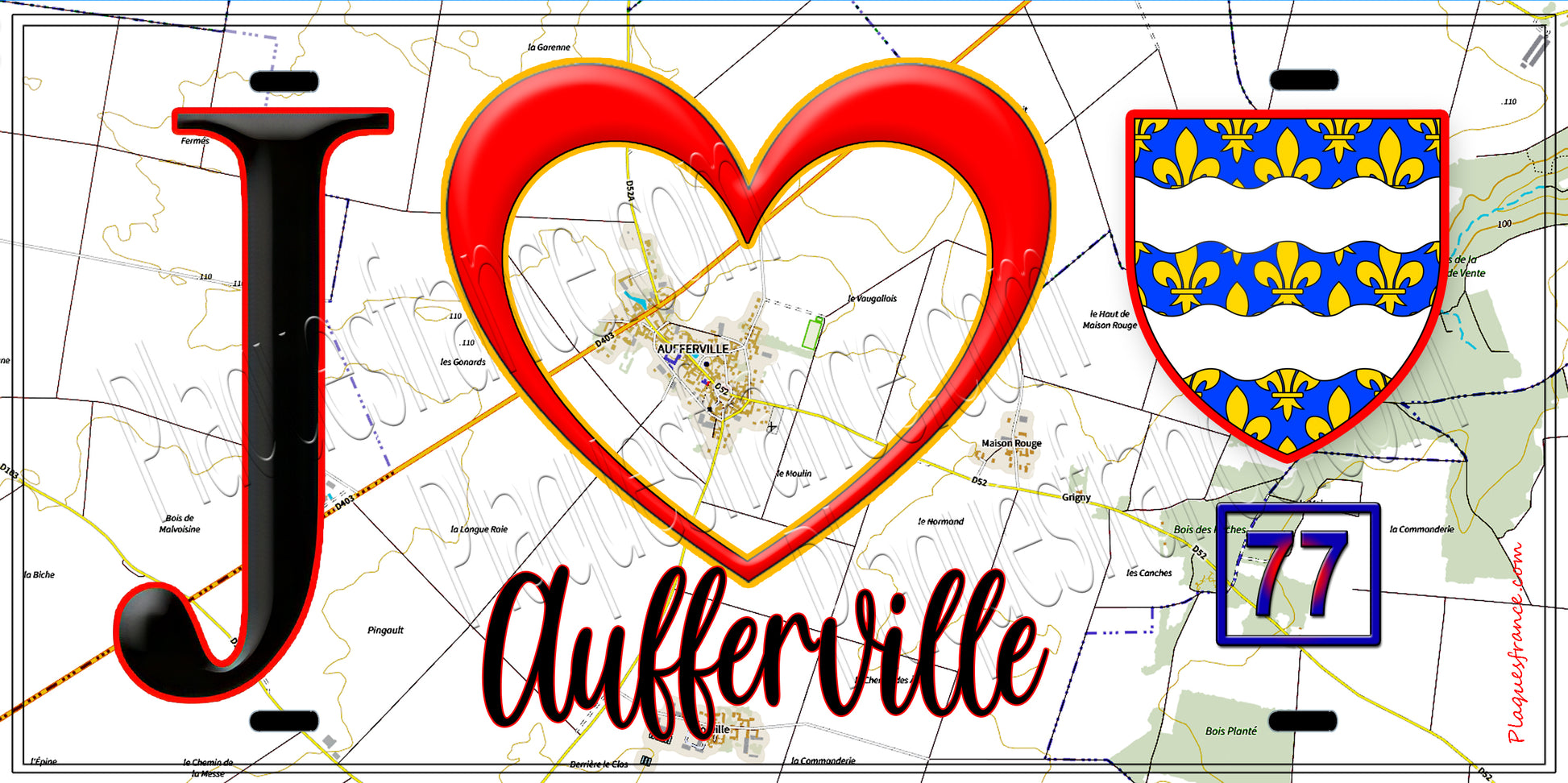 Plaque métal décorative  J' ❤️Aufferville, Seine et Mrne (77) fond carte