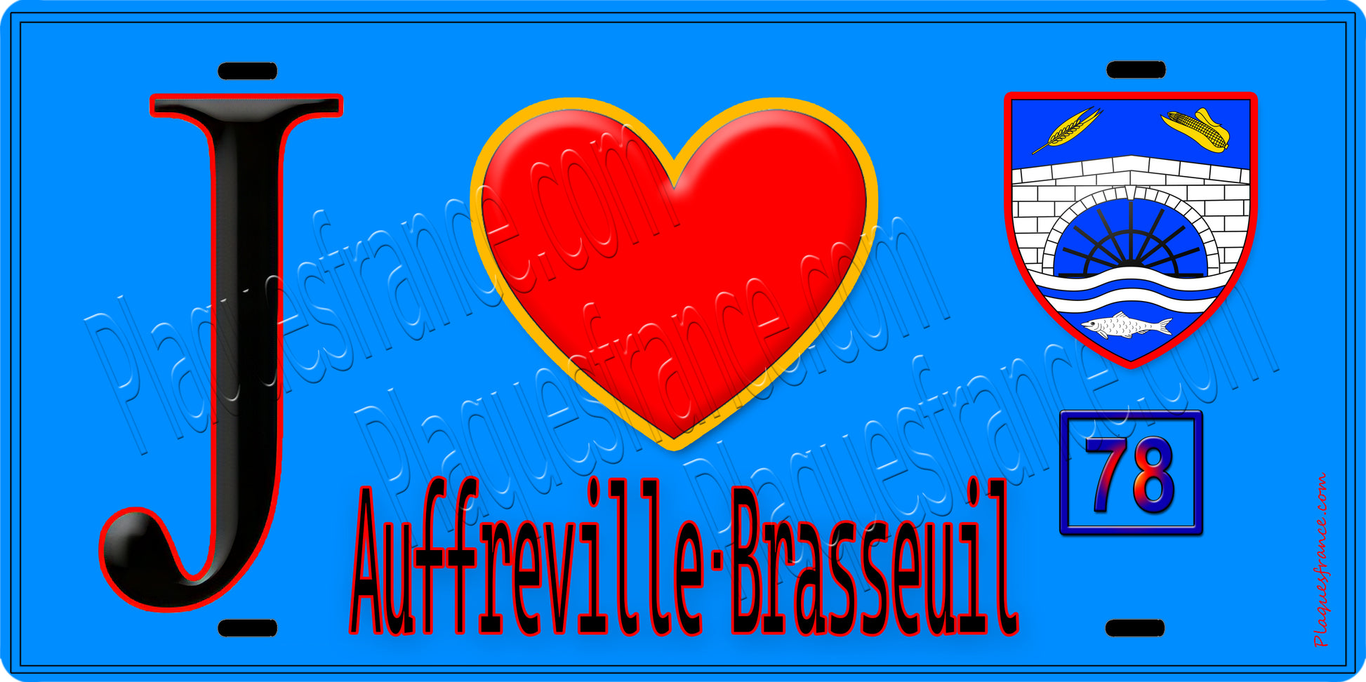 Plaque métal décorative  J' ❤️ Auffreville-Brasseuil, Yvelines (78) fond bleu