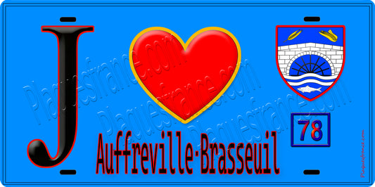 Plaque métal décorative  J' ❤️ Auffreville-Brasseuil, Yvelines (78) fond bleu