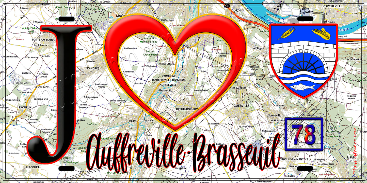 Plaque métal décorative  J' ❤️ Auffreville-Brasseuil, Yvelines (78) fod carte