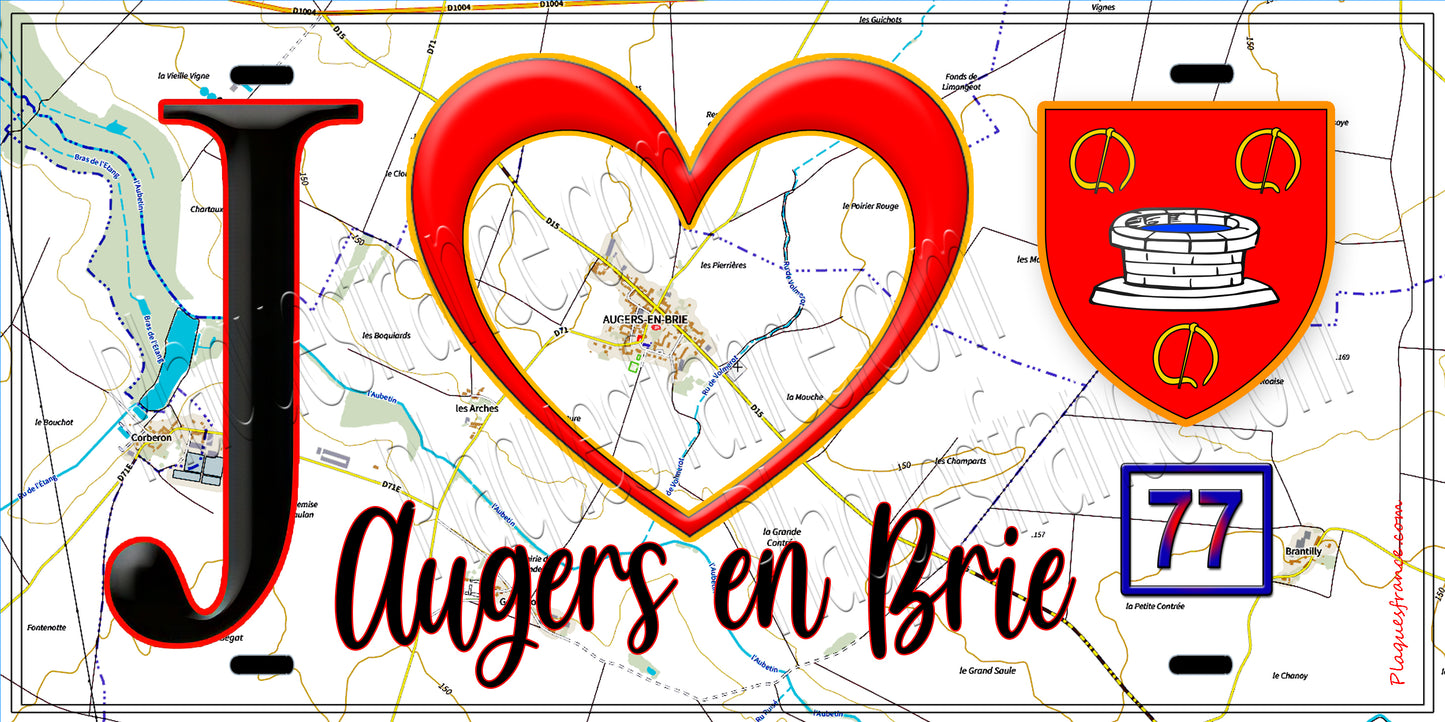 Plaque métal décorative  J' ❤️Augers-en-Brie, Seine et Mrne (77) fond carte