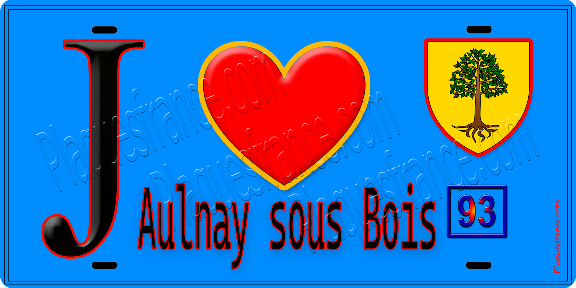 Plaque métal décorative  J' ❤️Aulnay-sous-Bois, Seine Saint Denis (93) fond bleu