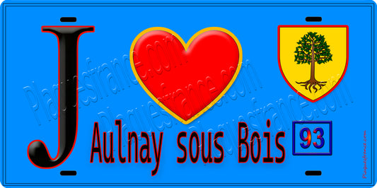 Plaque métal décorative  J' ❤️Aulnay-sous-Bois, Seine Saint Denis (93) fond bleu