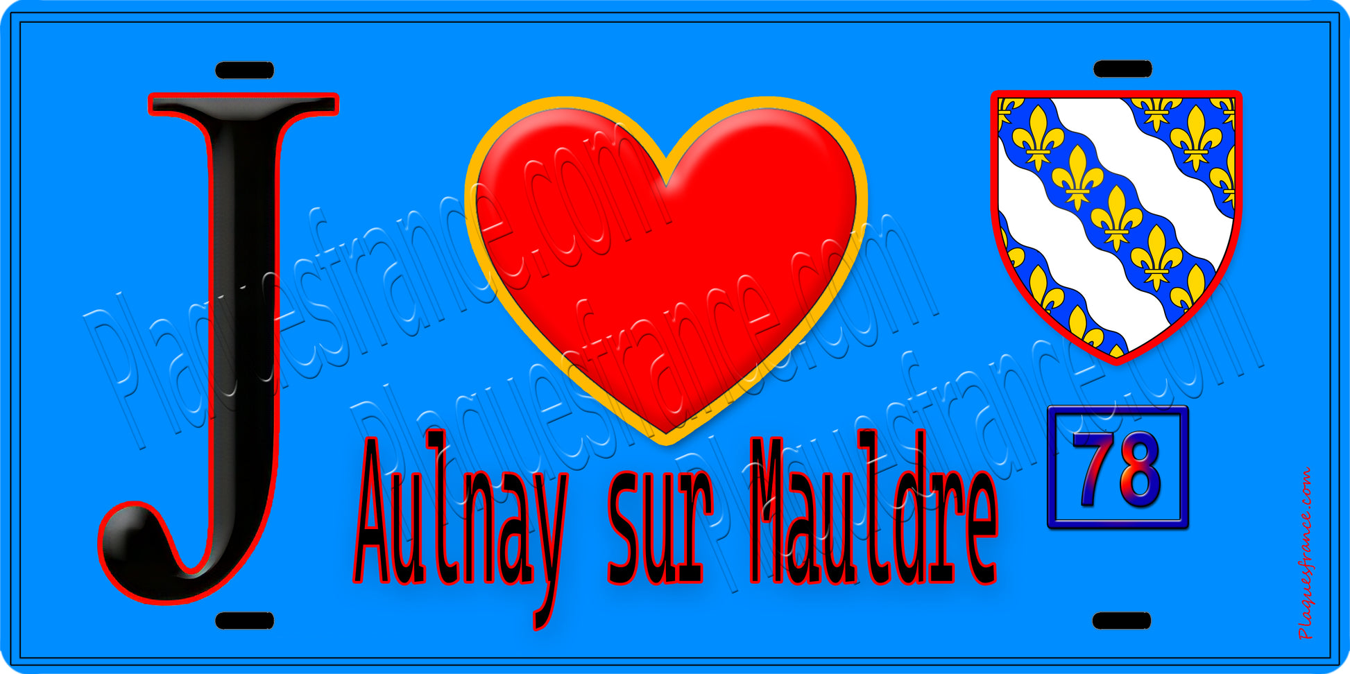Plaque métal décorative  J' ❤️ Aulnay-sur-Mauldre, Yvelines (78) fond bleu