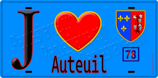Plaque métal décorative  J' ❤️ Auteuil, Yvelines (78) fond bleu