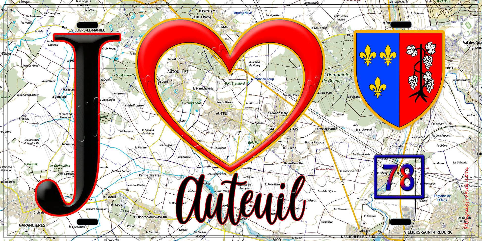 Plaque métal décorative  J' ❤️ Auteuil, Yvelines (78) fond carte