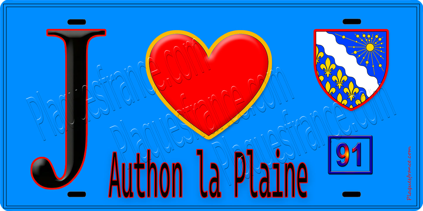 Plaque métal décorative  J' ❤️Authon-la-Plaine, Essonne (91) fond bleu