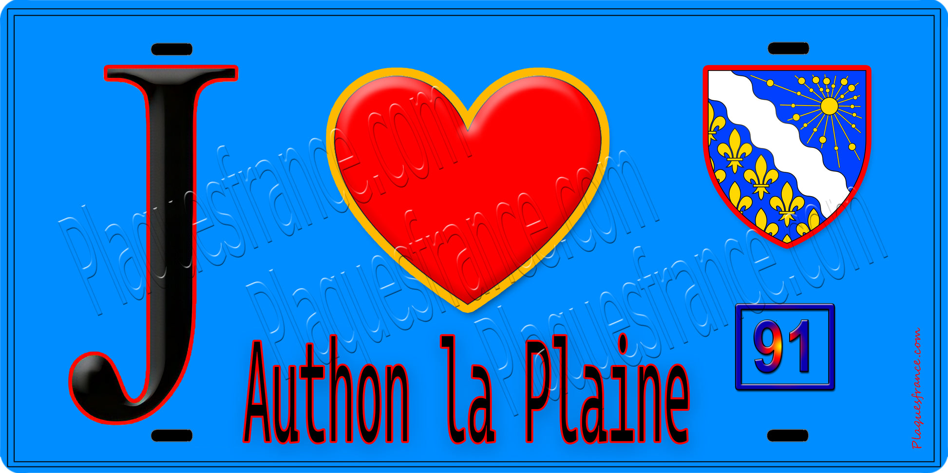 Plaque métal décorative  J' ❤️Authon-la-Plaine, Essonne (91) fond bleu