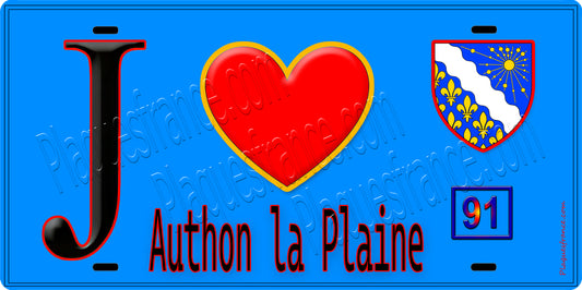 Plaque métal décorative  J' ❤️Authon-la-Plaine, Essonne (91) fond bleu