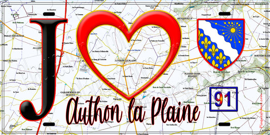 Plaque métal décorative  J' ❤️Authon-la-Plaine, Essonne (91) fond carte