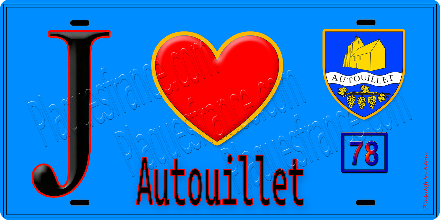 Plaque métal décorative  J' ❤️ Autouillet, Yvelines (78) fond bleu