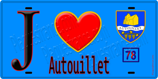 Plaque métal décorative  J' ❤️ Autouillet, Yvelines (78) fond bleu