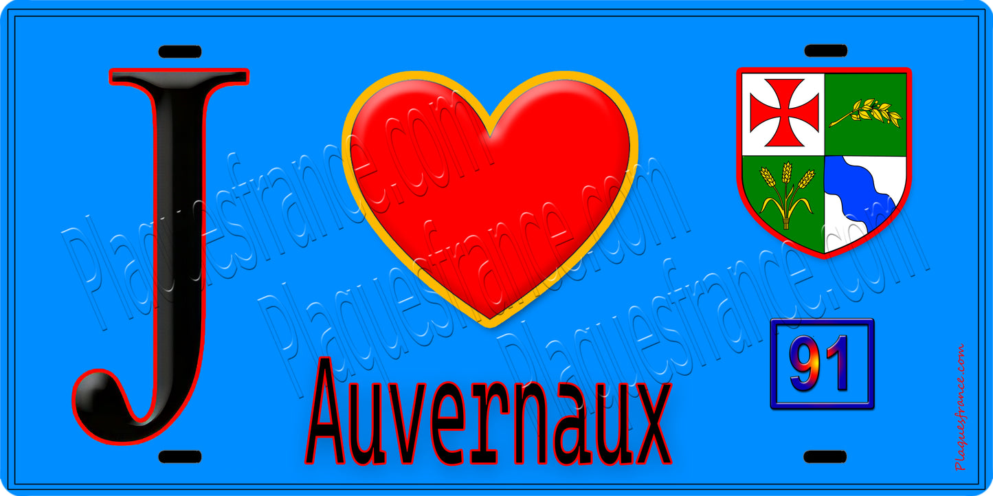 Plaque métal décorative  J' ❤️Auvernaux, Essonne (91) fond bleu
