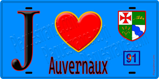 Plaque métal décorative  J' ❤️Auvernaux, Essonne (91) fond bleu