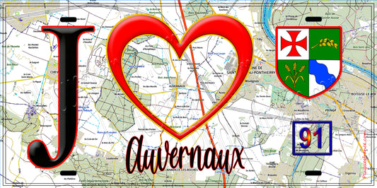 Plaque métal décorative  J' ❤️Auvernaux, Essonne (91) fond carte