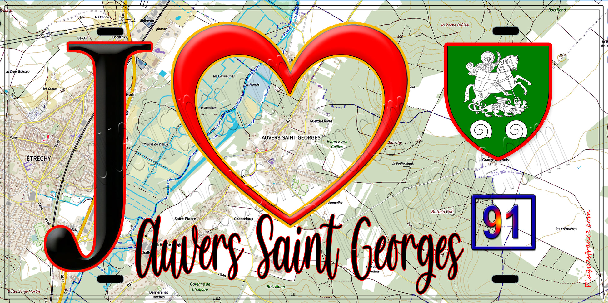 Plaque métal décorative  J' ❤️Auvers-Saint-Georges, Essonne (91) fond carte