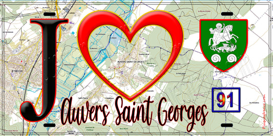 Plaque métal décorative  J' ❤️Auvers-Saint-Georges, Essonne (91) fond carte