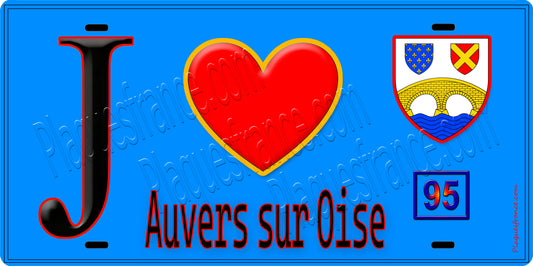 Plaque métal décorative  J' ❤️Auvers-sur-Oise, Val d'Oise (95) fond bleu