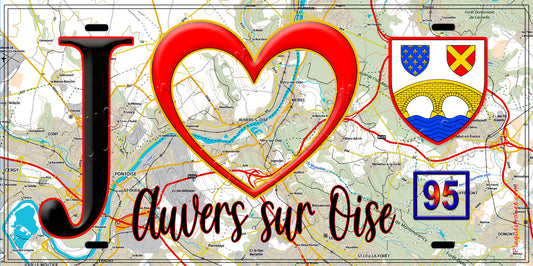 Plaque métal décorative  J' ❤️Auvers-sur-Oise, Val d'Oise (95) fond carte
